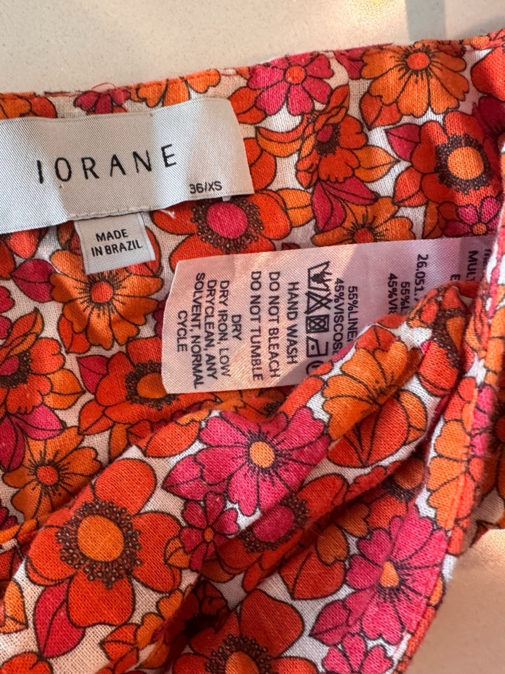 IORANE Retro Floral Off Shoulder Top Balloon Sleeve Linen Orange Pink XS Brazil